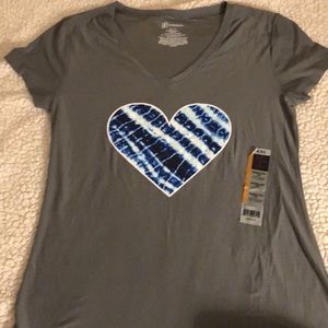 Grey silky short sleeve blue heart shirt